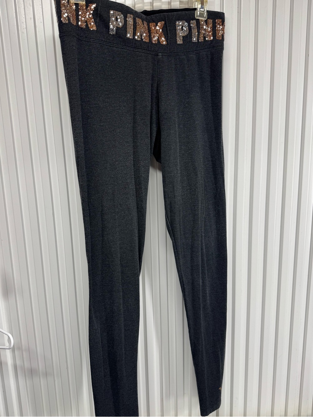 PINK Victoria's Secret Charcoal Leggings with Rose Gold Sequin Logo  Size M